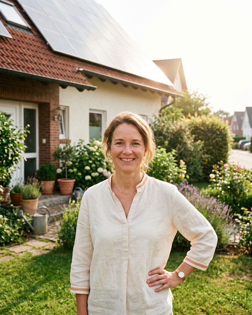 Frau vor ihrem Haus mit Solaranlage