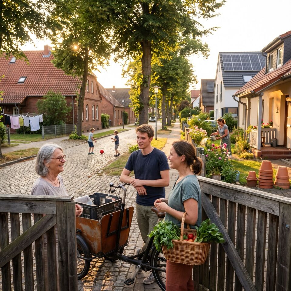Nachbarinnen und Nachbarn im Gespräch am Gartentor