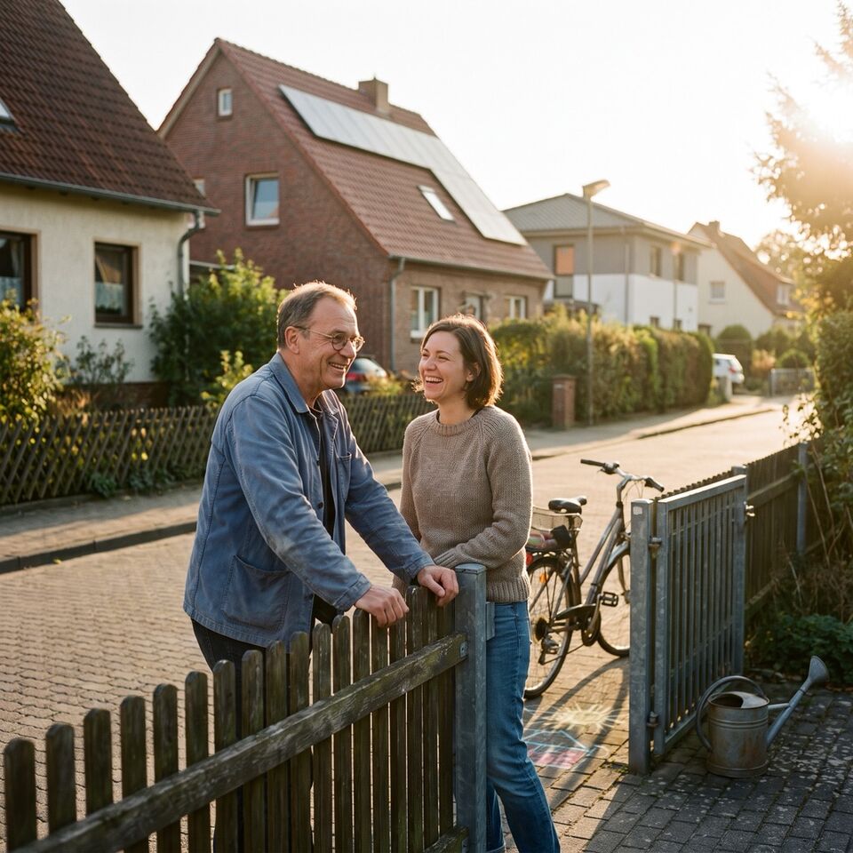 Zwei Nachbarn lachen am Gartentor im Abendlicht