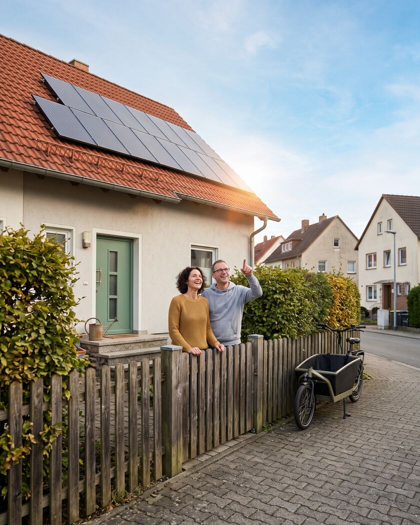 Paar am Gartenzaun in einer Straße mit Solaranlagen