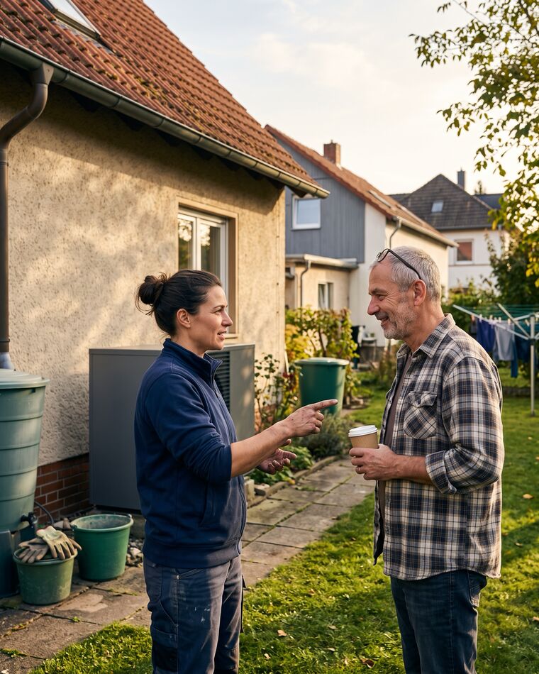 Installateurin im Gespräch mit einem Hausbesitzer