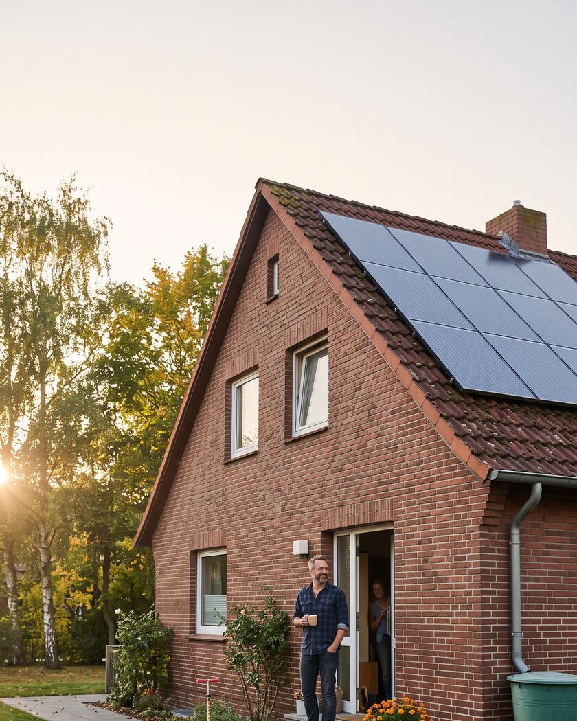 Mann mit Kaffeetasse vor seinem Backsteinhaus mit Solaranlage