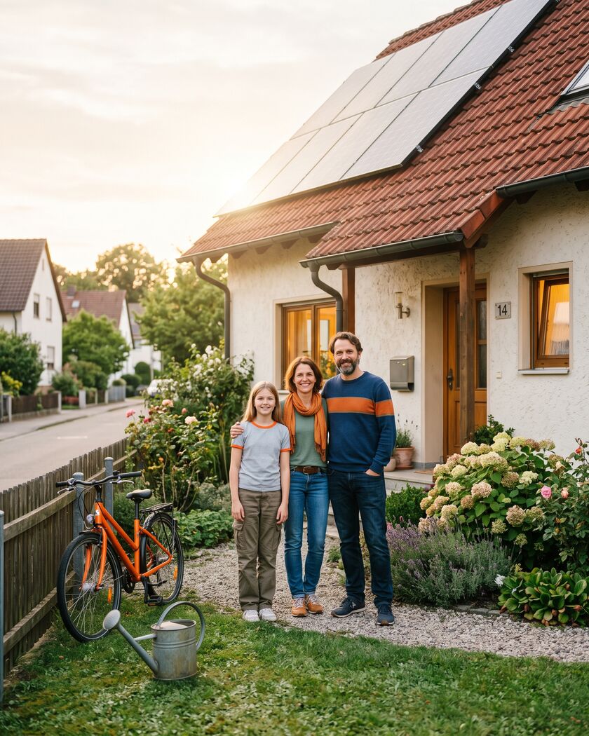 Familie mit zwei Kindern vor ihrem Haus mit Solaranlage