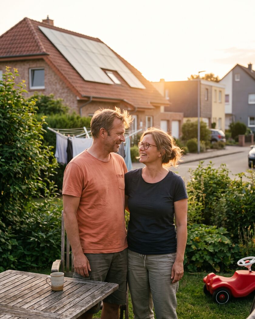 Paar in seinem Garten, Solaranlage auf dem Dach dahinter