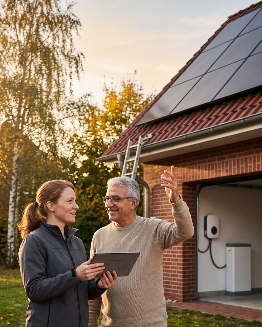 Beraterin mit Tablet und Hausbesitzer vor der Garage, Solaranlage auf dem Dach