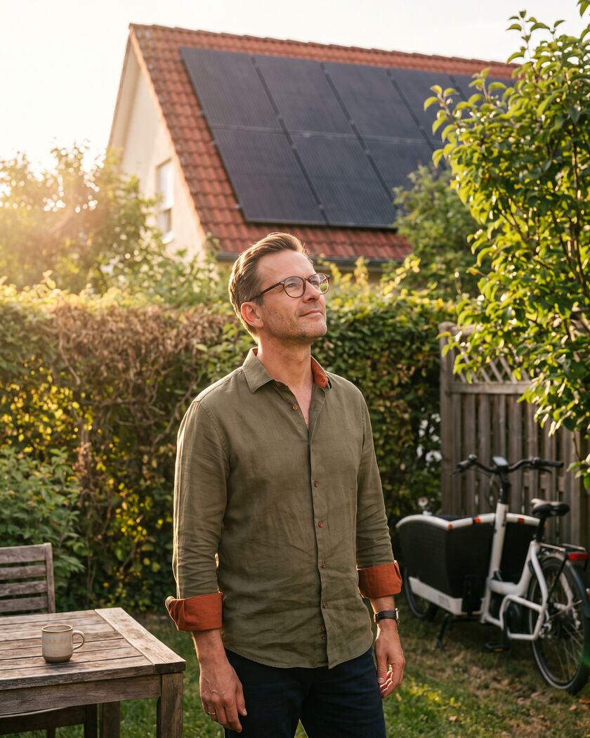 Mann im Garten vor seinem Haus mit Solaranlage