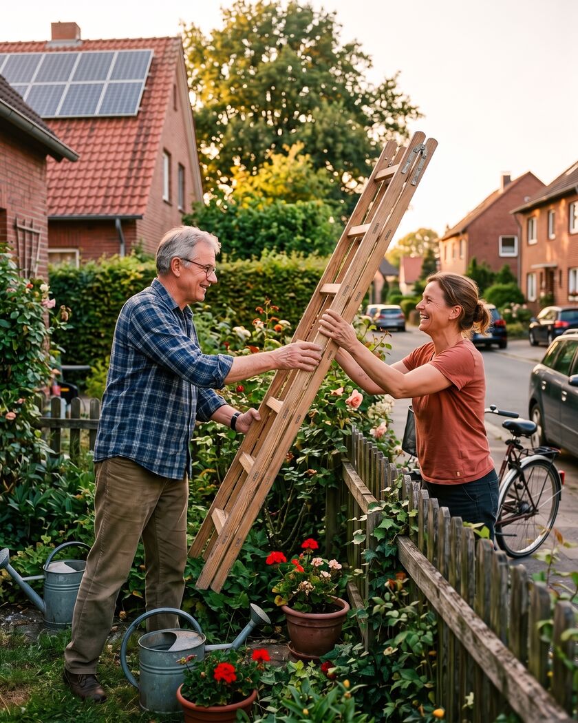 Nachbarn reichen sich eine Leiter über den Gartenzaun