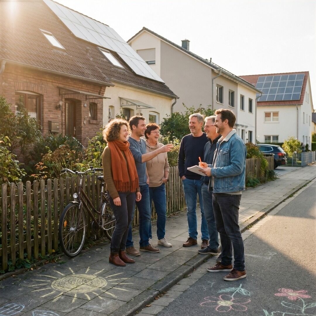 Nachbarinnen und Nachbarn planen gemeinsam auf der Straße