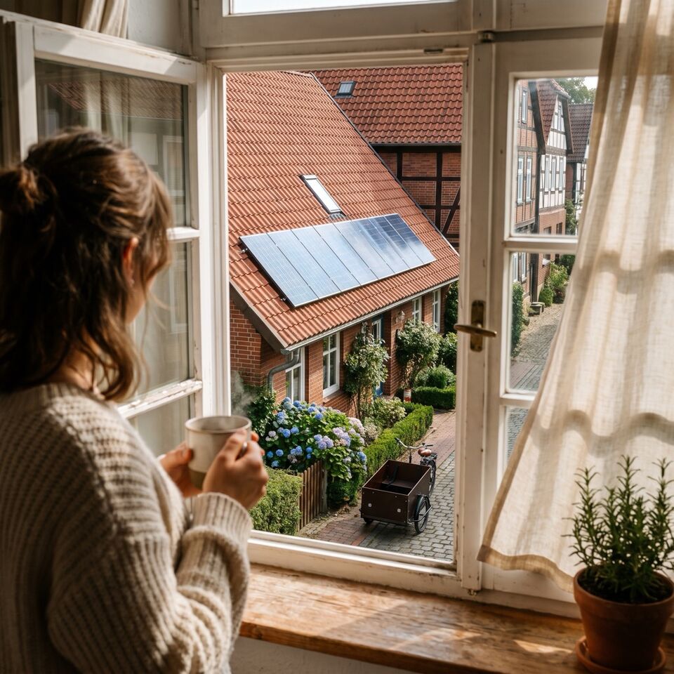 Frau am Fenster mit Blick auf die Solaranlage im Nachbarhaus