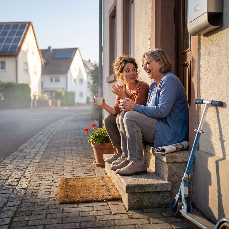 Zwei Nachbarinnen trinken Kaffee auf der Eingangstreppe