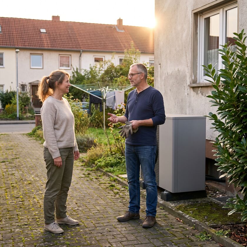 Nachbarin und Nachbar im Gespräch neben einer Wärmepumpe am Haus