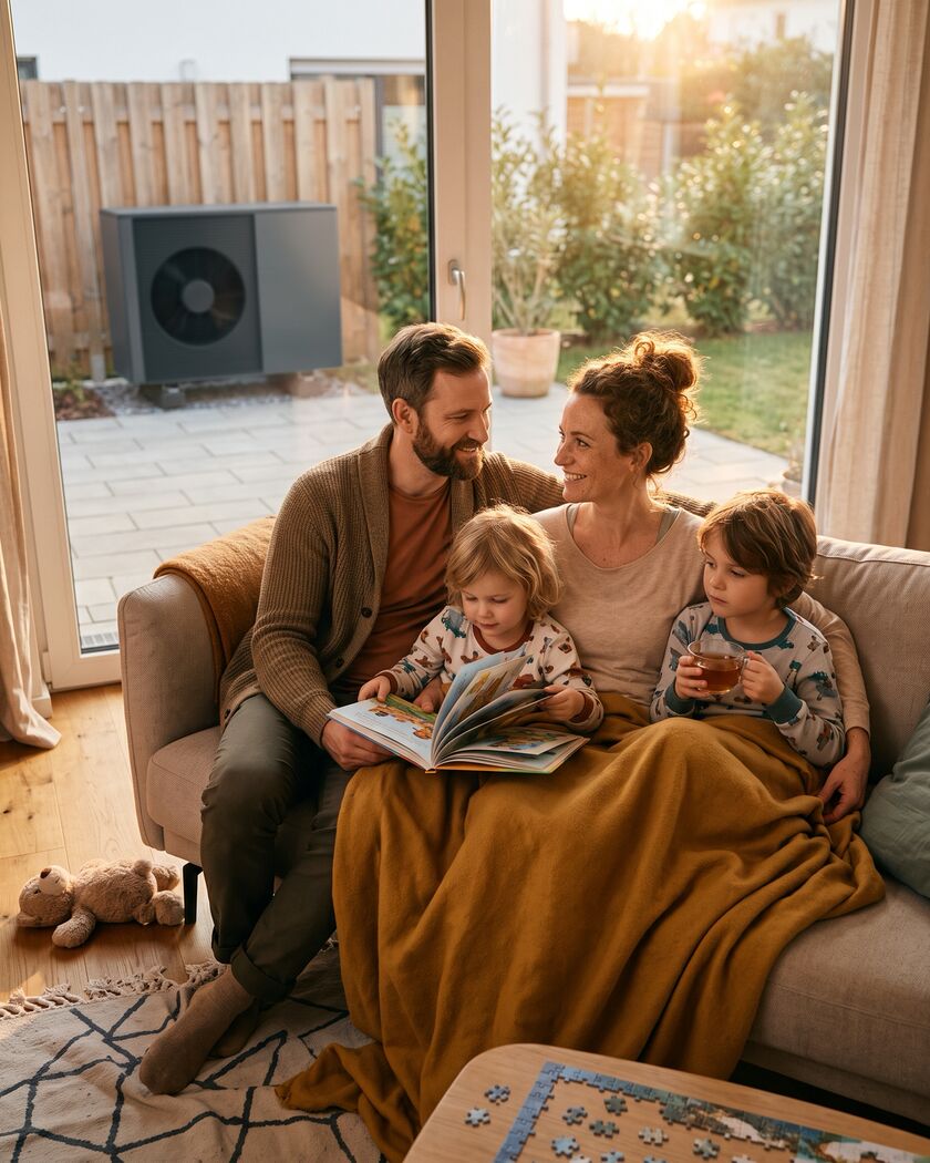 Familie liest auf dem Sofa, durch die Terrassentür ist die Wärmepumpe zu sehen