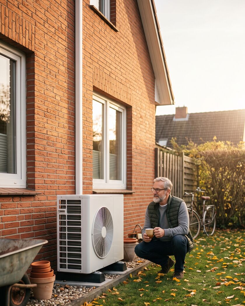 Mann mit Kaffeetasse kniet neben seiner neuen Wärmepumpe im Garten