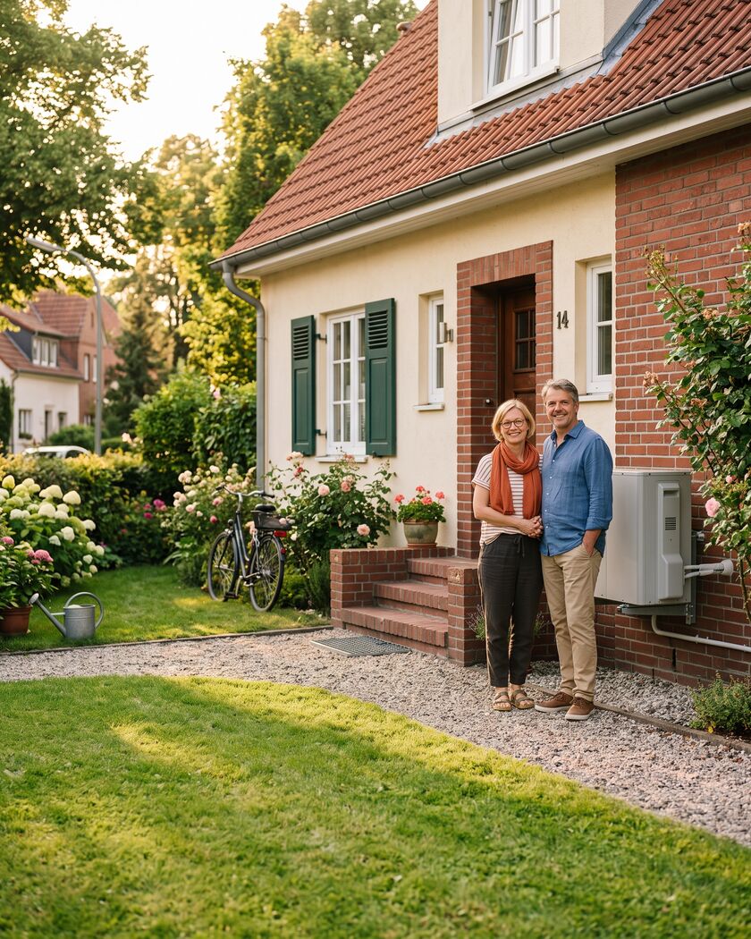 Paar an der Tür seines Hauses, die Wärmepumpe an der Hauswand