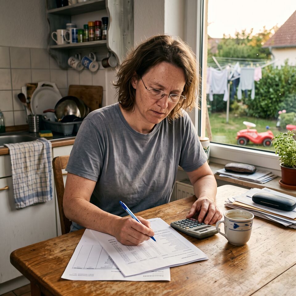 Frau rechnet am Küchentisch ihre Förderung durch