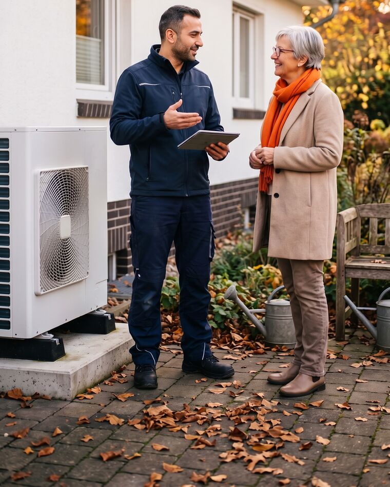 Installateur erklärt einer Hausbesitzerin die Wärmepumpe